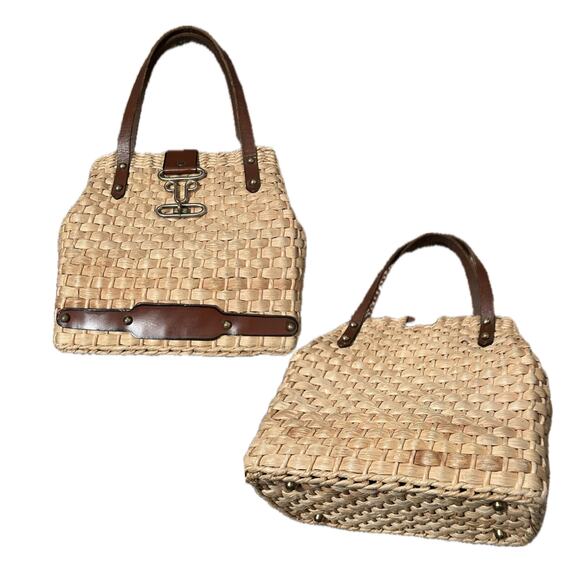 1960s Wicker Woven Handbag Top Handle Leather Strap Purse by Burlington * - Picture 3 of 5